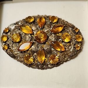 Antique-Style Filigree Brooch with Amber Glass Stones